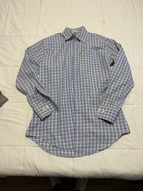 Peter Millar Light Blue and White Plaid Dress Shirt